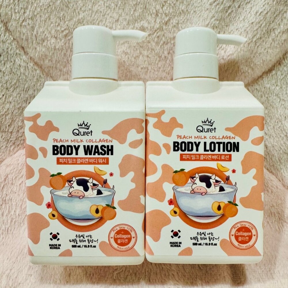 QURET Peach Milk Collagen Body Wash + Body Lotion Set